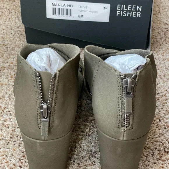 Eileen Fisher Olive Tumbled Nubuck Marla Block Heel Sandal Size 8 New With Box